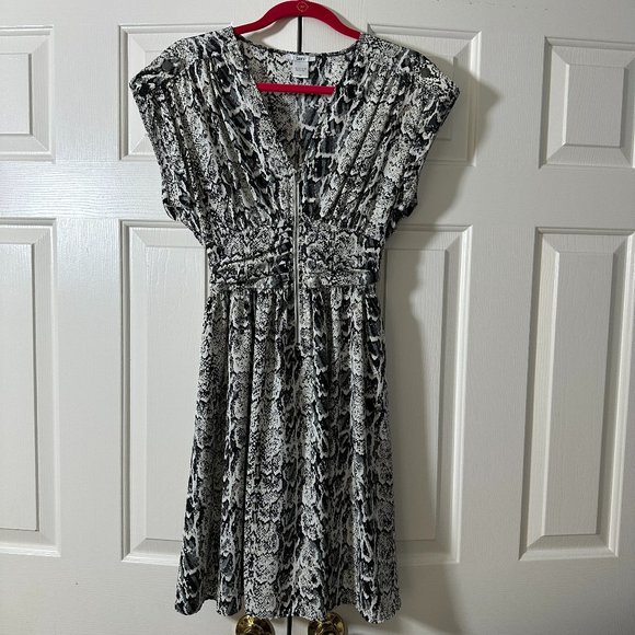 BAR III Snakeskin Print Zipper Front Cinched Waist Short Sleeve Dress Medium - Picture 1 of 16